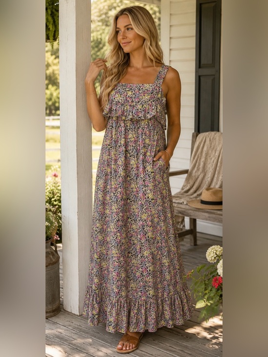 Dresses & Skirts - Vintage Sears Floral Maxi Dress Cottagecore Prairie Boho Ruffle Sleeveless M L